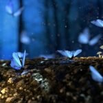 Magical scene of blue butterflies fluttering amidst glowing mushrooms in a dark forest.